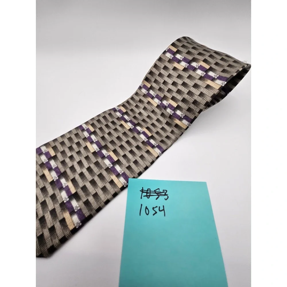 Enro Mens Silk Tie Grey Purple Geometric Basketweave Pattern Made in‎ USA 4 Inch